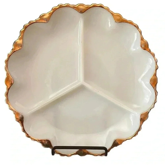 Anchor Hocking Other - Vintage Anchor Hocking White Glass Scalloped/Divided Bowl w/Gold Trim